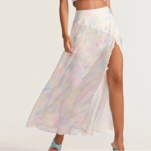 Pastel Watercolor High-Slit Maxi Skirt - White/Pastel
